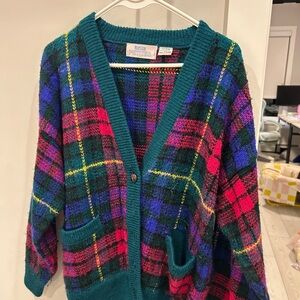 Vintage Plaid Button-Front Cardigan Sweater - Teal Multicolor